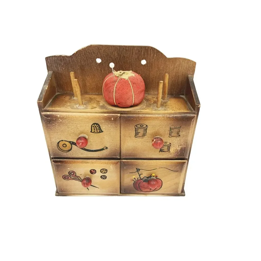Vintage Nevco Japan Small 4 Drawer Wood Sewing box w Tomato Pin Cushion on Top